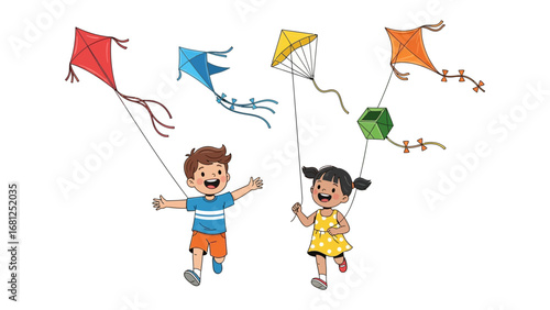 Soaring Dreams:  Two young children run and play with vibrant kites against a clear sky. a delightful depiction of childhood joy and a sunny day.
