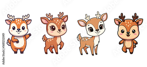 Cute cartoon deer poses, playful art. Whimsical animal characters, happy reindeer, vector design.