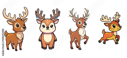 Four cute cartoon deer with antlers stand and leap. Whimsical wildlife, animal art, funny, childish, deer, character design, happy, illustration, fauna