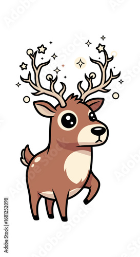 Cartoon reindeer stands with magical antlers. Whimsical character, Christmas holiday, cute animal, cheerful spirit