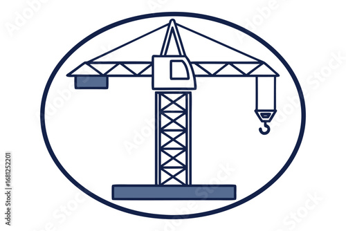 Line Art Icon of a Construction Crane within a Circle on White Background building industry