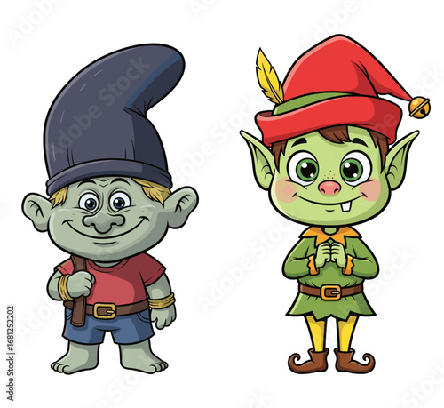 Cartoon elves stand smiling with hats and outfits. Fairytale characters, magical beings, fantasy creatures, folklore, illustration, children, cute, isolated