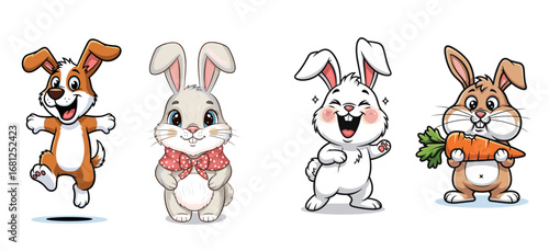 Cartoon animals, a dog and rabbits, are smiling and happy. Cute, happy, cartoon, animal, puppy, bunny, smile, illustration, spring, easter, cheerful, pet, design, fun