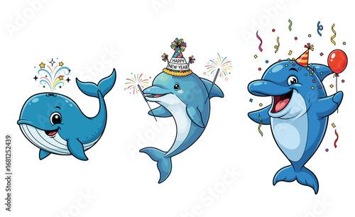 Cartoon whale and dolphins celebrate New Year. Festive marine life, party hats, sparklers, sea creatures.