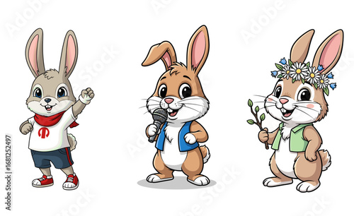 Cartoon bunnies stand in a row wearing clothes. Easter, animation, cute, character, animal, cheerful, spring, nature.
