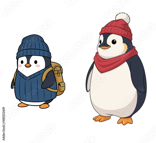 Penguins dressed in winter clothes. Cartoon illustration, warm, cute, scarf, hat, backpack, animal, Antarctic.