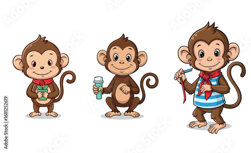 Three cartoon monkeys hold a gift, drink, and art supplies. Cheerful animals, playful, vector illustration, whimsical, character design.