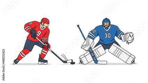 Hockey Showdown:  A dynamic illustration showcasing a hockey player aiming for a goal against a poised goalie, ready for the shot.