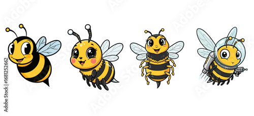 Cartoon bees fly and pose in various styles. Cute, illustration, animal, insect, adorable, funny, bumblebee, character, drawing, happy, spring, flying, honeybee