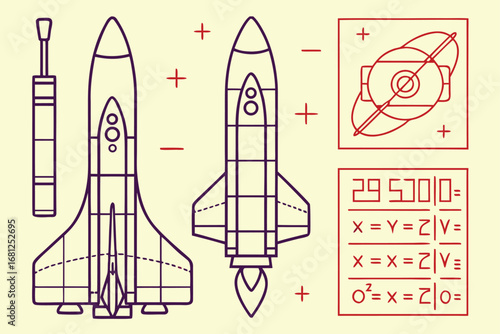 Line Art of Space Shuttle, Rocket, Screwdriver, and Mathematical Equations spacecraft spaceship