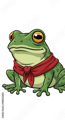 Frog with bandana sits, stares ahead. Amphibian, cartoon, character, comic, red scarf, wildlife, nature, friendly, smiling, cute, humor, illustration