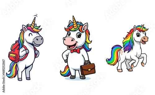 Unicorns in different professions: student, businessperson, wild. Cute animals with rainbow hair, fantasy, education, corporate, adventure, fairytale.