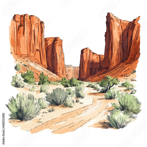 canyon with red rock hand drawn illustration