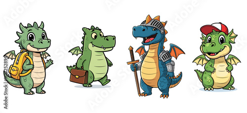 Dragons in various roles: student, businessman, knight, cool dude. Fantasy creatures, cartoon, education, business, warrior, style, characters.