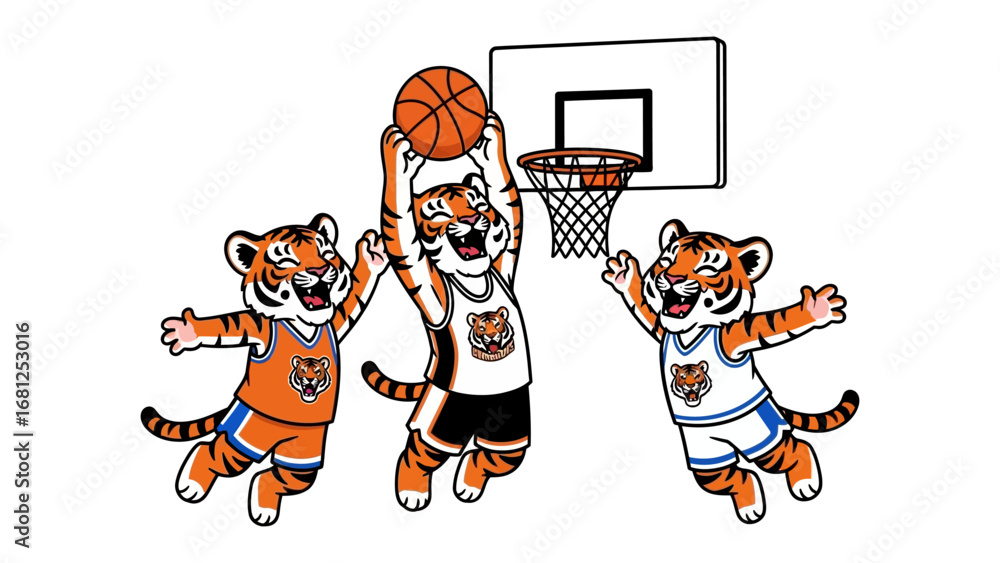 Fototapeta premium Tigers in Action: A lively illustration showcasing a team of tiger mascots in a spirited basketball game, capturing the excitement of sports and teamwork.
