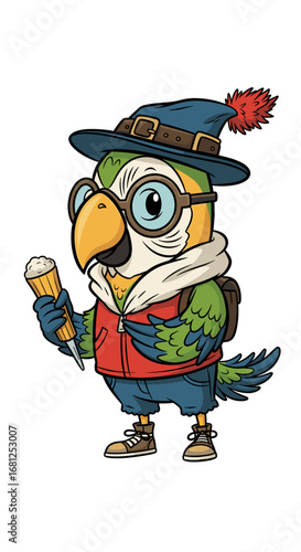 Cartoon parrot adventurer holds beer mug.  Travel, fantasy, bird, hat, glasses, backpack, humor, quest, cartoon, vector, digital art.