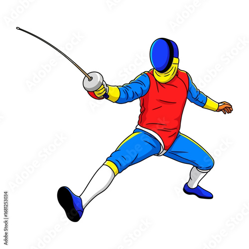 Fencing Duel Illustration: A skilled fencer in vibrant attire engages in a spirited duel, his blade poised for action against an unseen adversary.