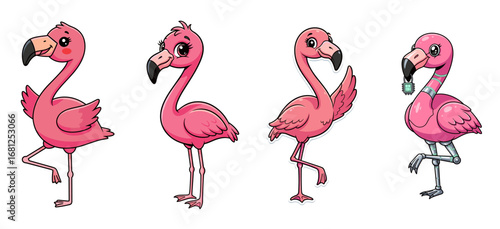 Cartoon flamingos stand in a row, last is robotic. Robotics, ai, animation, pink, flamingo, bird, cute, future, technology, design, artificial intelligence