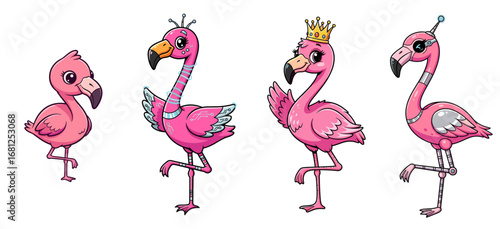 Flamingos evolve from normal to robot. Cartoon birds, evolution, technology, design, robotic, funny, pink, flamingo, animal, cute, future, artificial, intelligence, wildlife