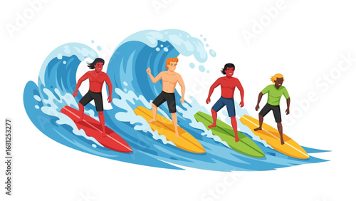 Riders on the Crest: Four surfers, each a silhouette against the wave, ride the ocean's power, the image captures the excitement and freedom of a perfect day.