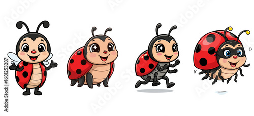 Ladybugs pose in several actions. Cheerful cartoon characters with red and black spots.  Cute, insect, mascot, bug, nature, wildlife, happy, fun.