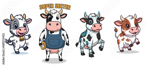 Cartoon cows pose, one is a cyborg and one has a tool. Animal characters, farm mascot, vector art, cute, fun, farm, illustration, cartoon, digital art