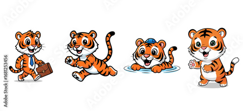 Cartoon tigers showing different activities. Happy, playful, swimming, running, business, cute, animal, mascot