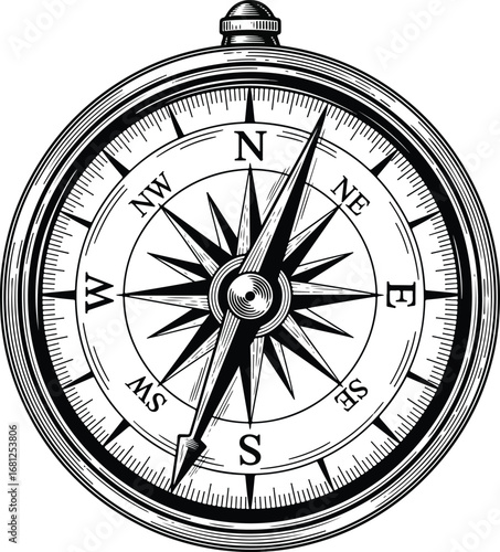 Compass: A highly detailed line art illustration of a vintage nautical compass, with intricate markings and a star-like center.
