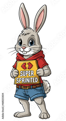Cartoon rabbit holds sign that says "Super Sprinted". Easter, animal, cute, funny, character, happy, sports, athletics, sprinting, humor, speed, joke
