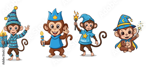 Monkeys in wizard costumes hold candles and wands. Cartoon vector, magic, fantasy, animals, fun, fairytale, illustration