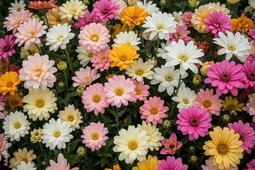 A colorful assortment of blossoming flowers in pink, yellow, and white hues displayed in a natural garden environment