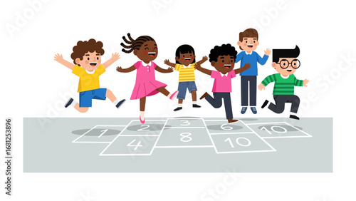 Hopscotch fun: A diverse group of cheerful children engaged in a spirited game of hopscotch. capturing the essence of childhood delight.