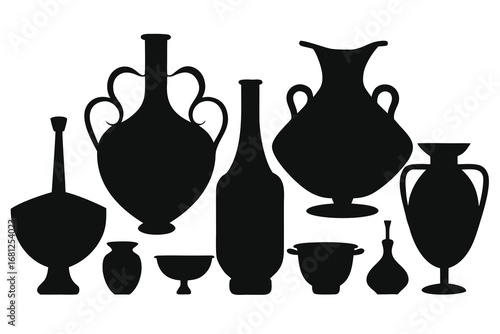 Assortment of Black Silhouetted Vases, Pitchers, and Bowls on a White Background