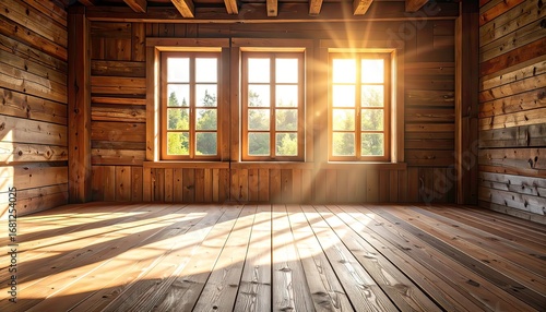 Wallpaper Mural Bright Wooden Room Interior with Three Windows Torontodigital.ca