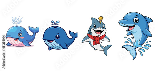 Cartoon sea creatures smile cheerfully. Aquatic animals, ocean life, marine wildlife, cheerful, cute, friendly, happy, cartoonish.