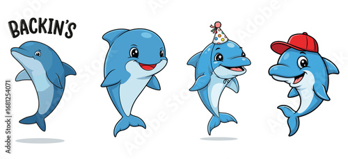 Cartoon dolphins present a fun sea life theme. Aquatic animals, cute, mascot, ocean, underwater, character design, illustration, marine.