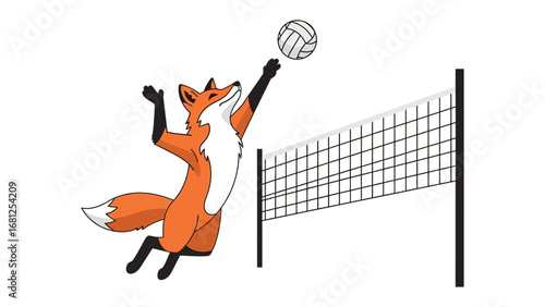 Fox's Volleyball Spike: A playful illustration depicts a determined fox, leaping with gusto to spike a volleyball over a net, showcasing energy and the thrill of competition.