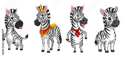 Cartoon zebras pose in different outfits. Animals, characters, illustration, striped, mammal, cute, wild, wildlife.