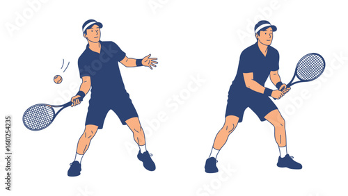 Tennis Action Illustration: Two illustrations shows a tennis player in mid-swing, capturing the dynamic movement of the game, both ready to strike and executing a shot.