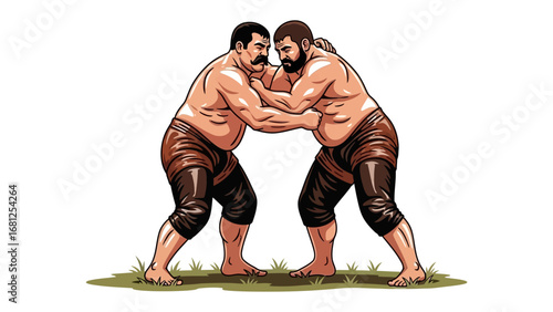 Traditional Wrestling Match: Two strong wrestlers engage in a timeless display of power and technique. Capturing the essence of strength, skill, and cultural heritage.