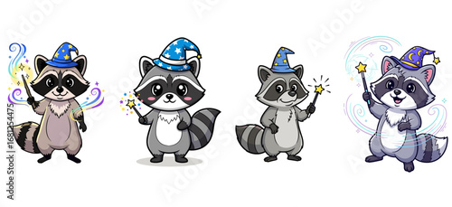 Cartoon raccoons wear wizard hats and use magic wands. Fantasy art, magic, illustration, animals, humor, children.