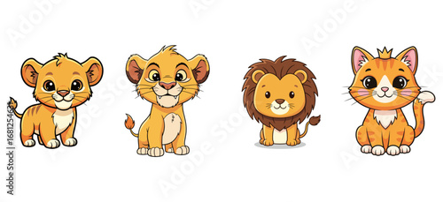 Cute cartoon lion cubs and cat pose. Friendly characters. Illustration, animals, lion, cub, cat, cartoon, cute, pet, feline, tiger, playful.