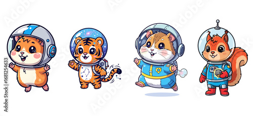 Cute animals wear astronaut suits and explore space. Cartoon, cosmos, adventure, mammals, tiger, hamster, squirrel, fun