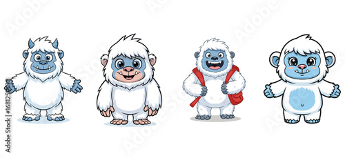 Cute cartoon yeti characters stand cheerfully. Mythical creature, animal, funny, white, furry, monster, mascot, happy, fun