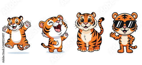 Cartoon tigers in various poses, expressing joy. Cute animals, playful characters, vector illustration, animal design, kids art, fun, cheerful, zoo, wildlife
