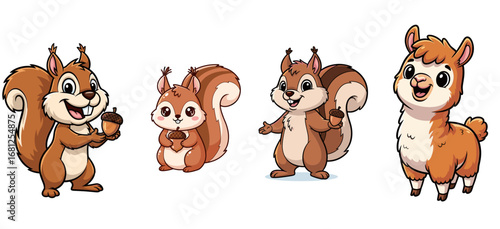 Cute cartoon animals pose with acorns. Whimsical, happy, mascot, illustration, graphic, adorable, character, vector, cartoon.