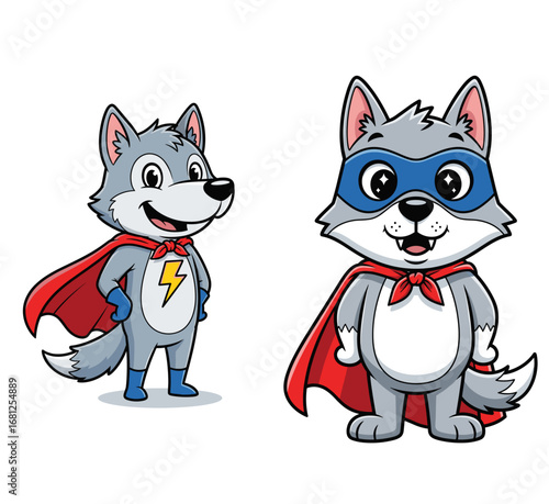 Cartoon wolves stand in superhero costumes. Cute animal, hero, comic, red cape, mascot, character, fun, illustration, animal, power, costume, fantasy, friendly.