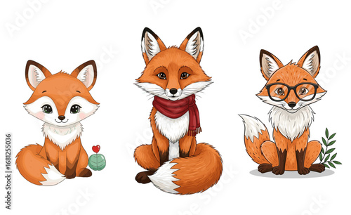 Cute foxes sit: different poses and styles. Adorable animals with glasses, scarf, cactus. Wildlife, cartoon, illustration, character design, woodland creatures