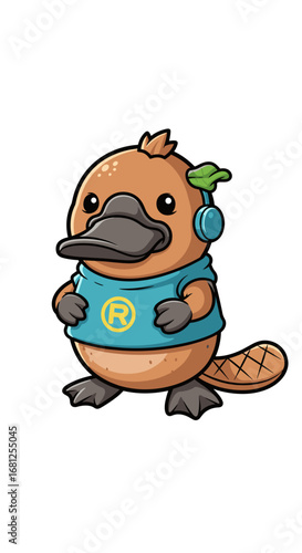 Cartoon platypus wears shirt, headphones. Cute animal, wildlife, illustration, character, mammal, nature, mascot