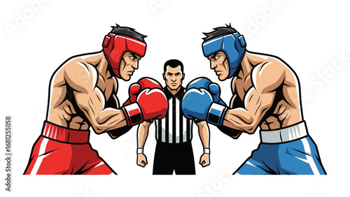 Boxing Match: Two determined boxers, their eyes locked in a fierce gaze, prepare to unleash their strength within the boxing ring. The referee stands between them, ready to ensure fair play.